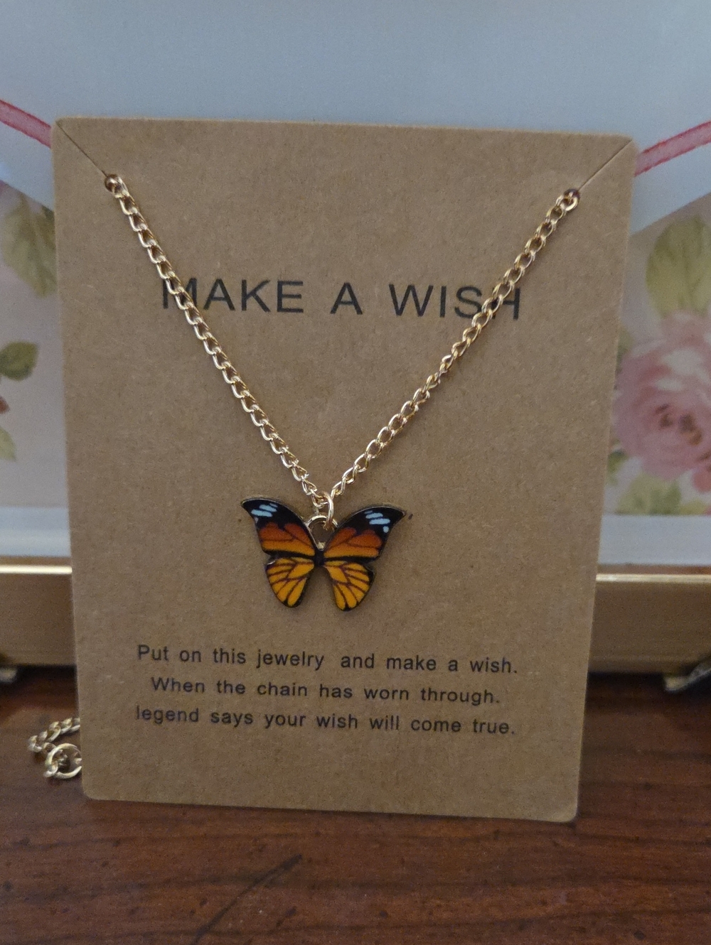 Gold Butterfly Pendant Necklace - Orange Monarch Design